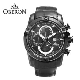 [OBERON] OB-912 BKBK  _ Fashion Business Men's Watches with Leather Watch, 5 ATM Waterproof, Chronograph Quartz Watch for Men, Auto Date